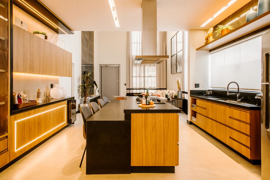 Mixed-Material Kitchen around a statement mirror — home · Interior Design