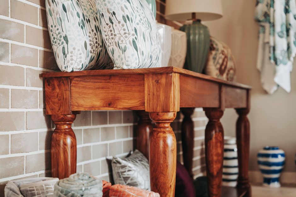 Oak Console with linen and natural wood — home · Home Decor