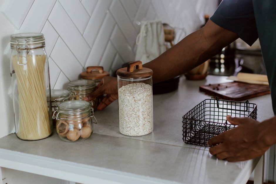 Pantry Bins in a warm oak palette with layered natural textures — home · Organization