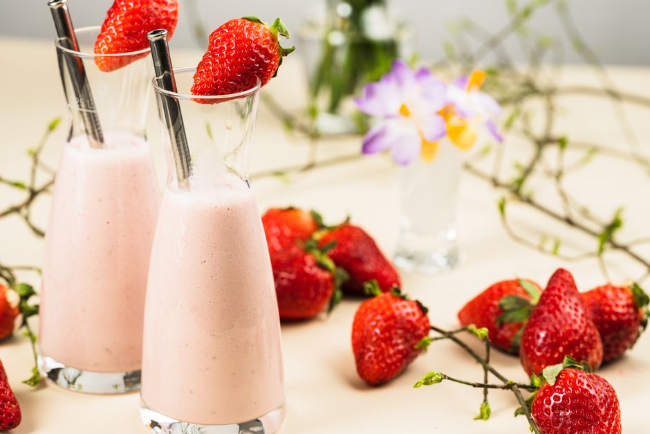Strawberry Oat Latte with basil leaves — food · Drinks