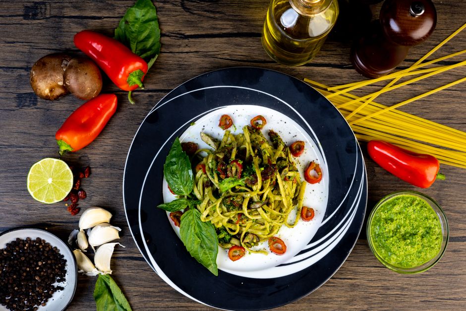 Pesto Pasta Jar with feta and herbs — food · Lunch Ideas
