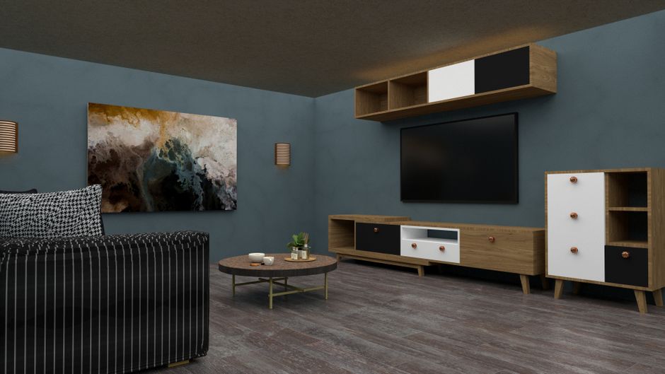 Media Console with layered natural textures — home · Living Rooms