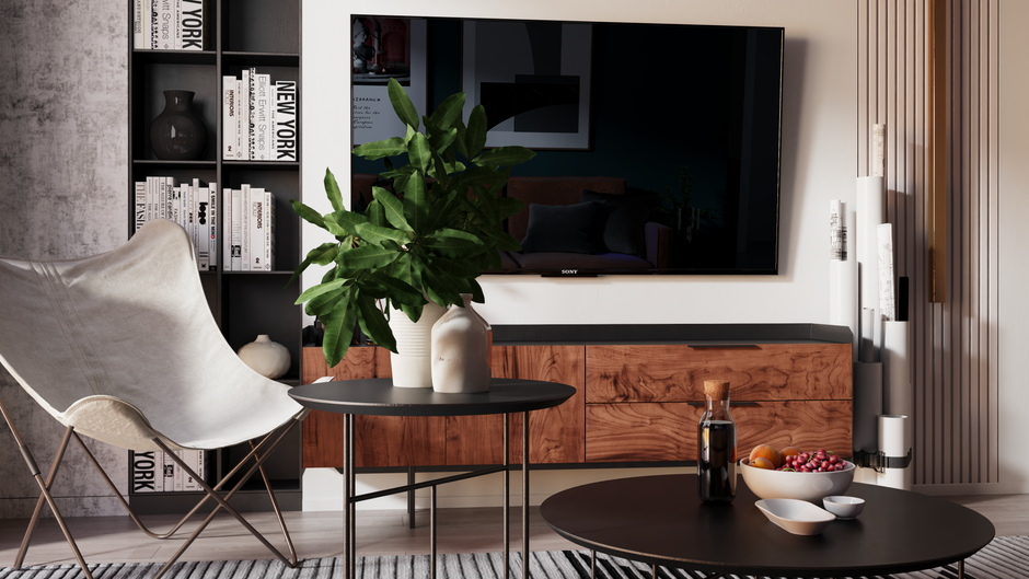Media Console with hidden everyday storage — home · Living Rooms