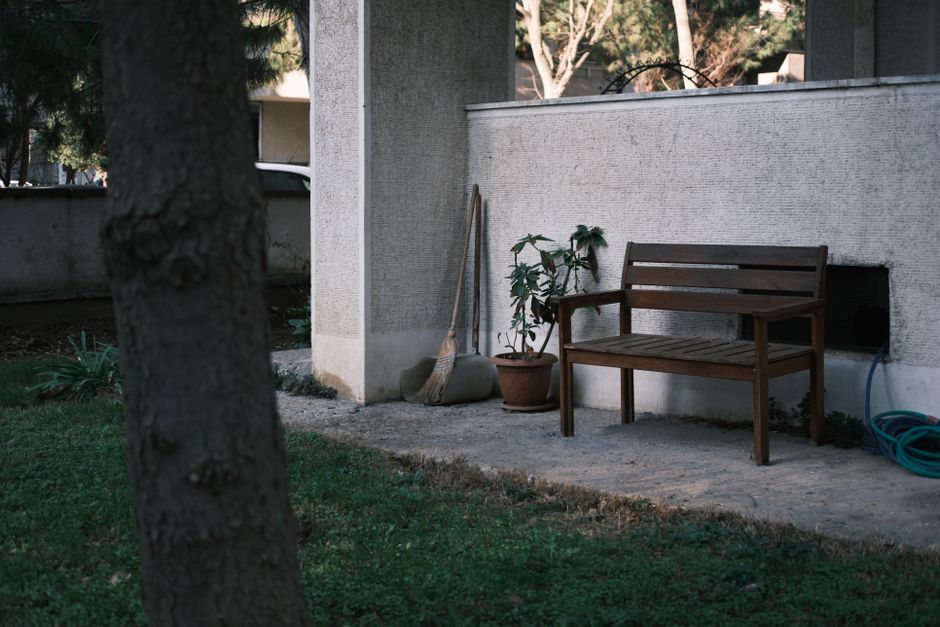 Garden Bench in a warm oak palette with layered natural textures — home · Garden & Outdoor