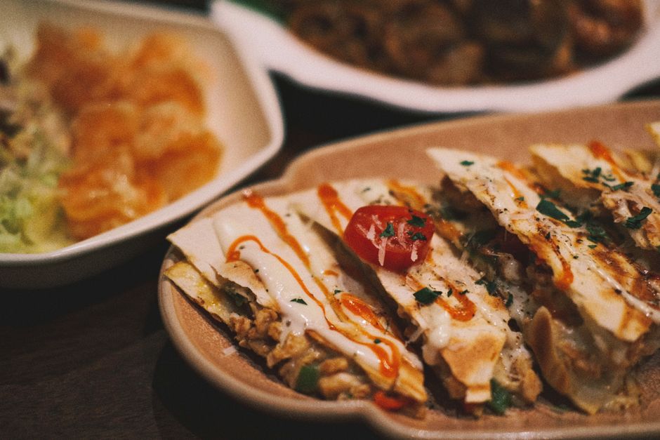 Mini Quesadillas with a roasted pepper spread — food · Party Food