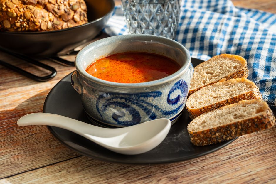 Soup-and-Bread Table with a color-coordinated board — food · Food & Hosting