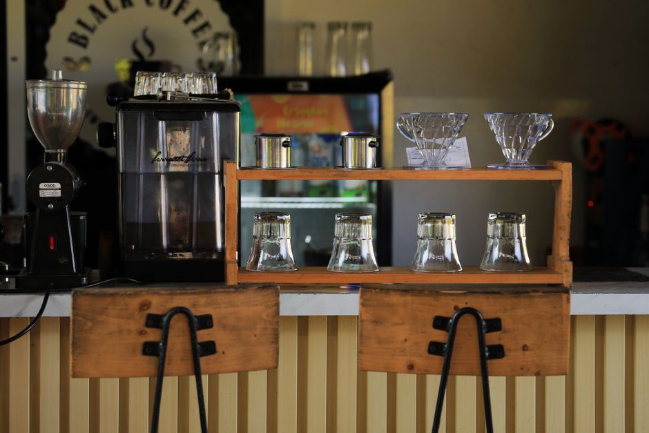 Coffee Station using mixed wood tones — home · Kitchens
