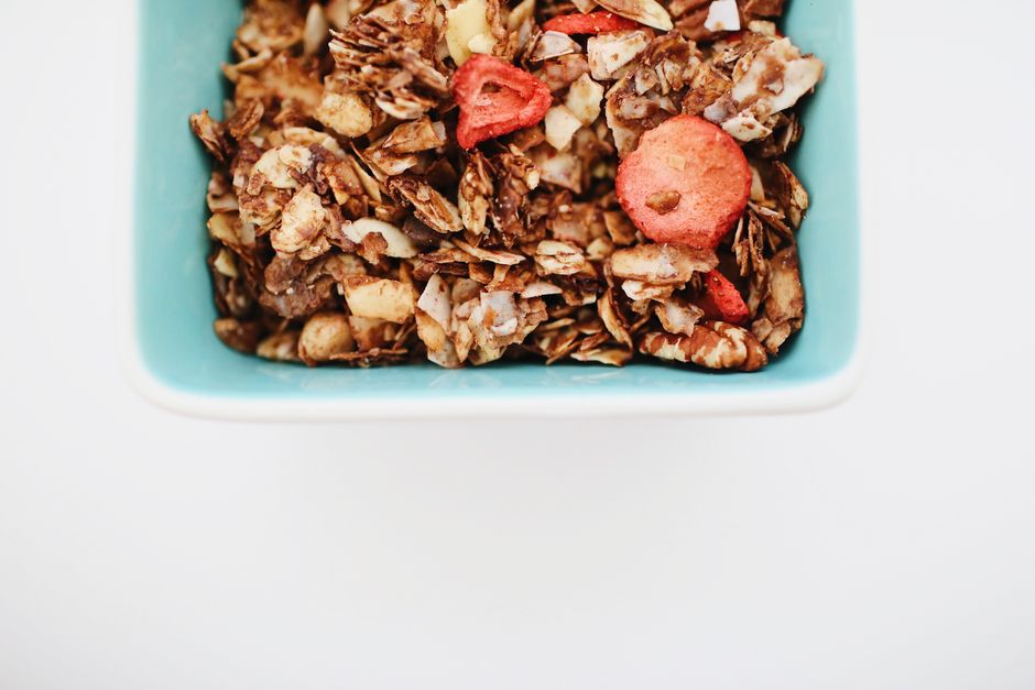 Peach Almond Granola with a warm fruit topping — food · Breakfast & Brunch
