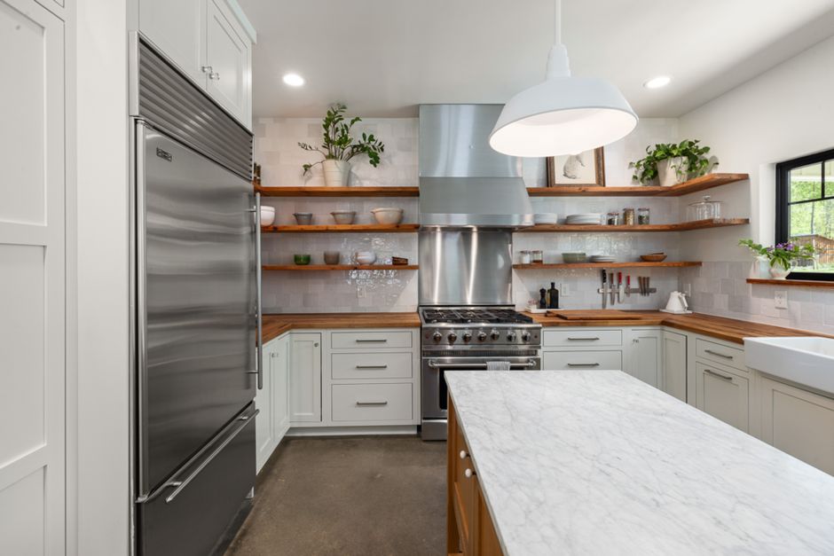 Open Shelving using warm neutral tones — home · Kitchens