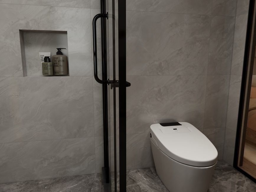Shower Niche in a warm oak palette with layered natural textures — home · Bathrooms