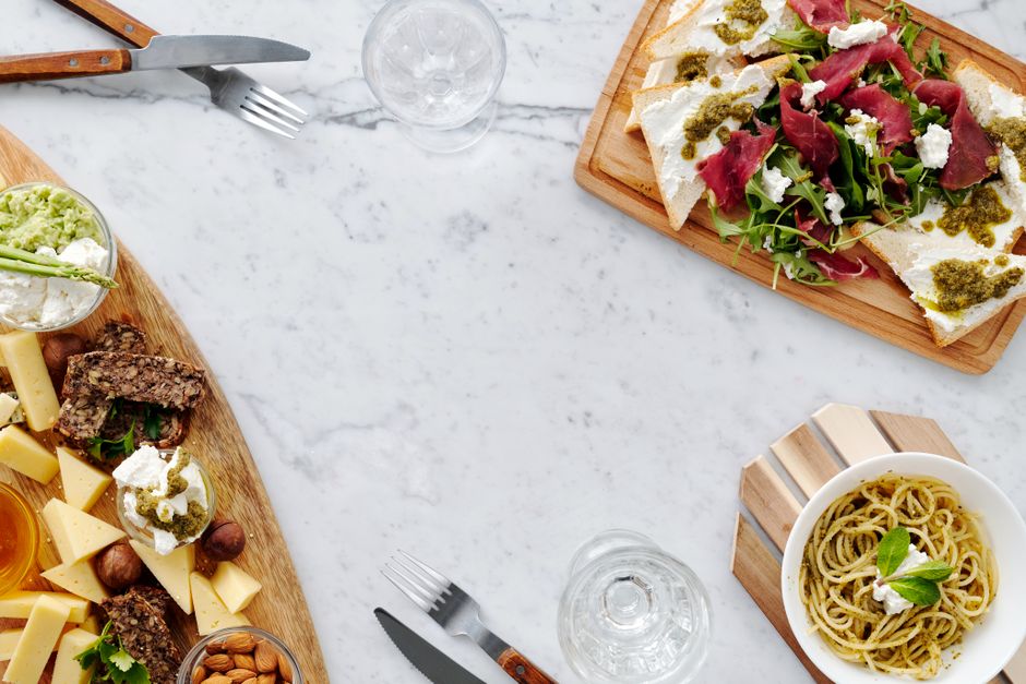 Pasta Night Spread with labeled serving bowls — food · Food & Hosting