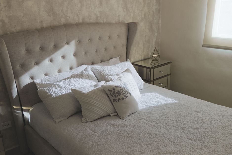 Upholstered Headboard with a useful styling trick — home · Bedrooms