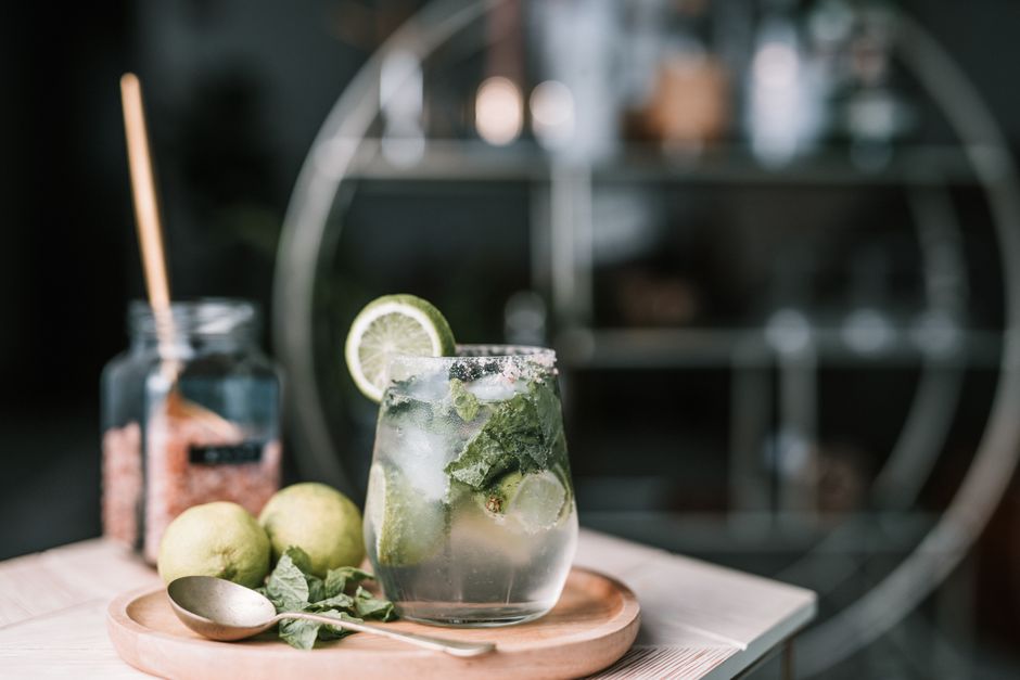 Ginger Lime Fizz with berry ice cubes — food · Drinks