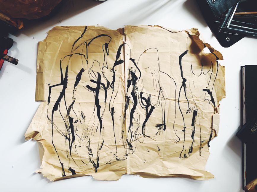 Ink Botanical Sketch — monochrome portrait rescuing using thrifted fabric — diy-creativity · Art & Painting