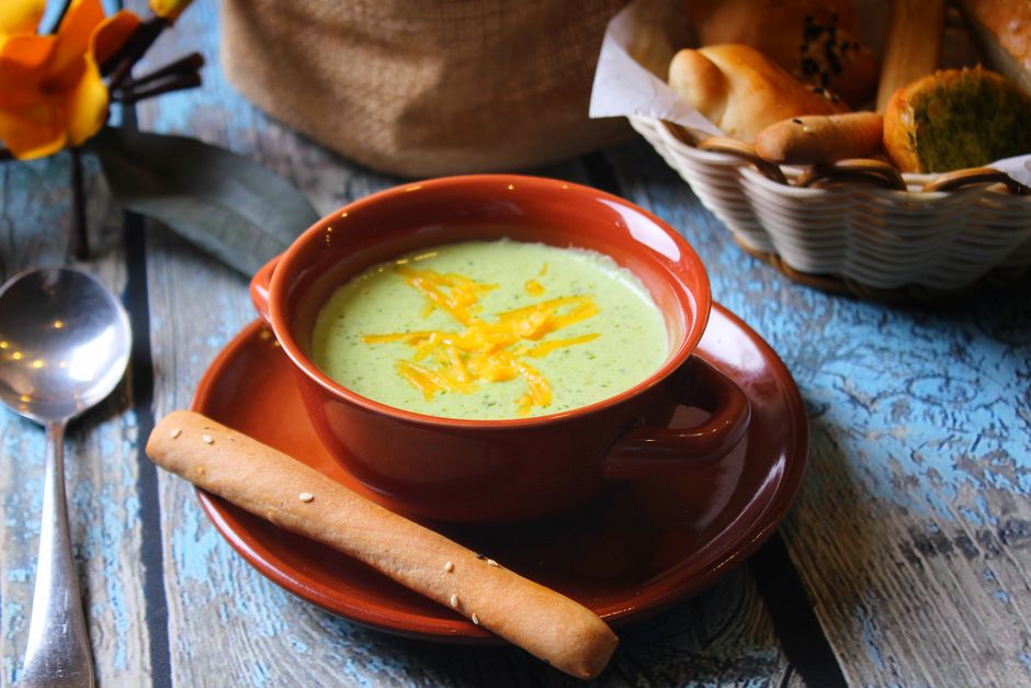 Soup-and-Bread Table with labeled serving bowls — food · Food & Hosting