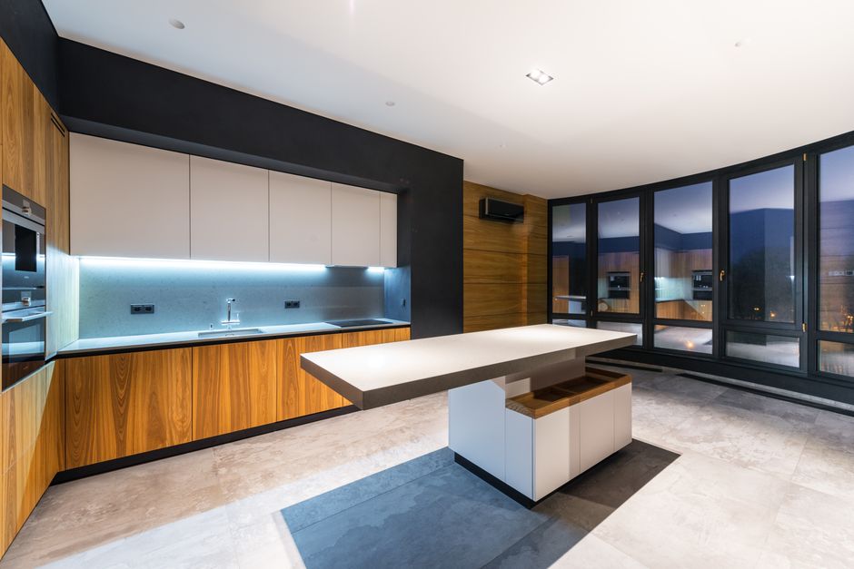 Mixed-Material Kitchen with a gallery-style arrangement — home · Interior Design