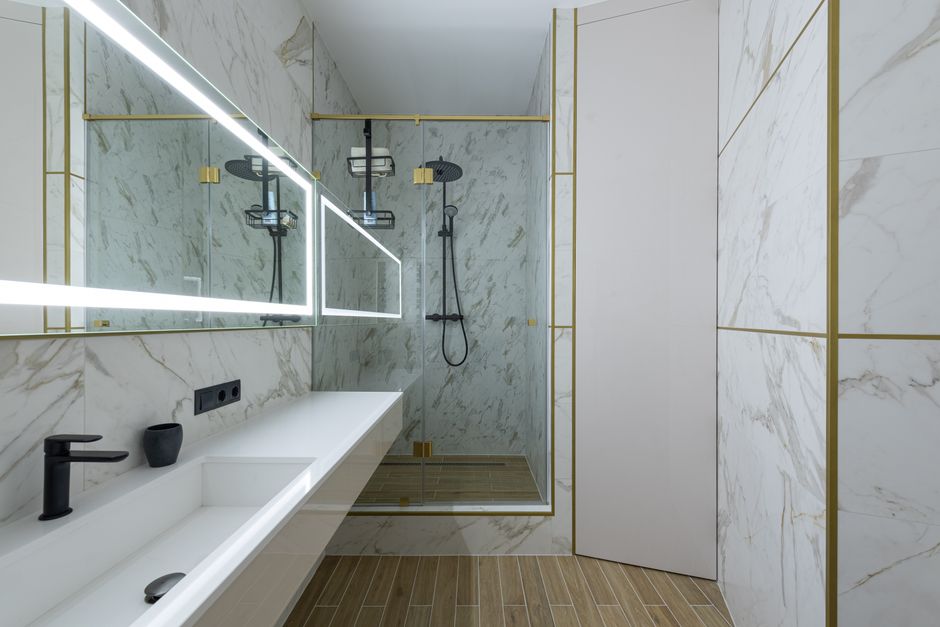 Shower Niche with warm evening lighting — home · Bathrooms