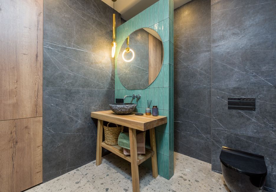 Floating Vanity using warm neutral tones — home · Bathrooms