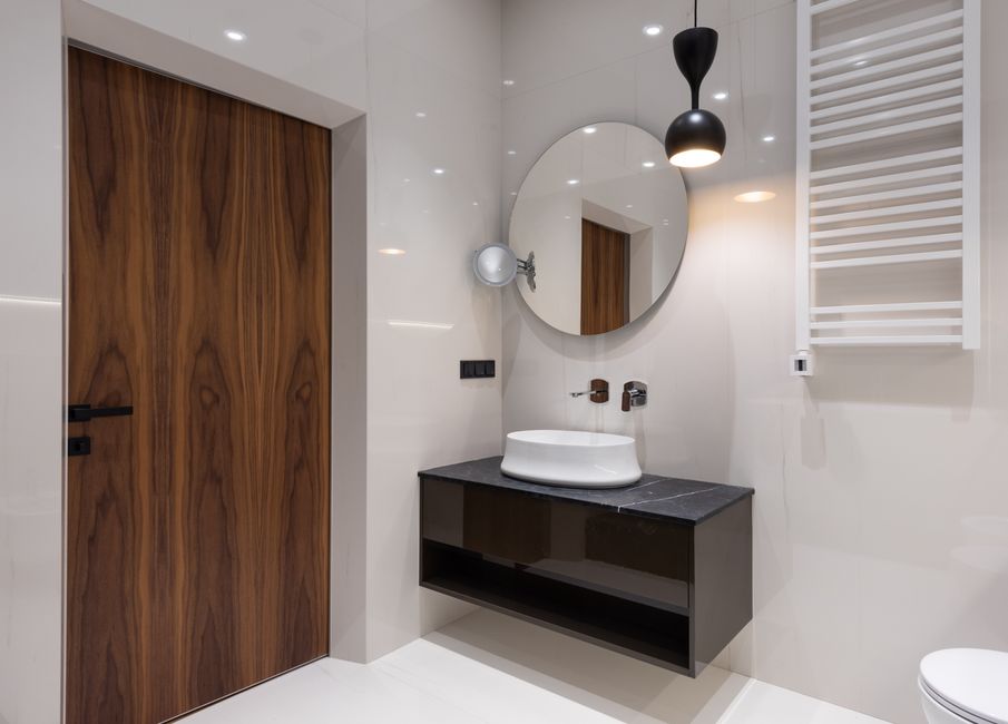 Floating Vanity with woven texture — home · Bathrooms
