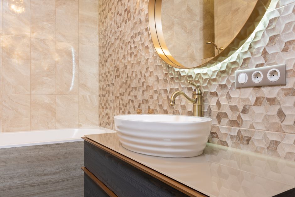 Floating Vanity around a statement mirror — home · Bathrooms