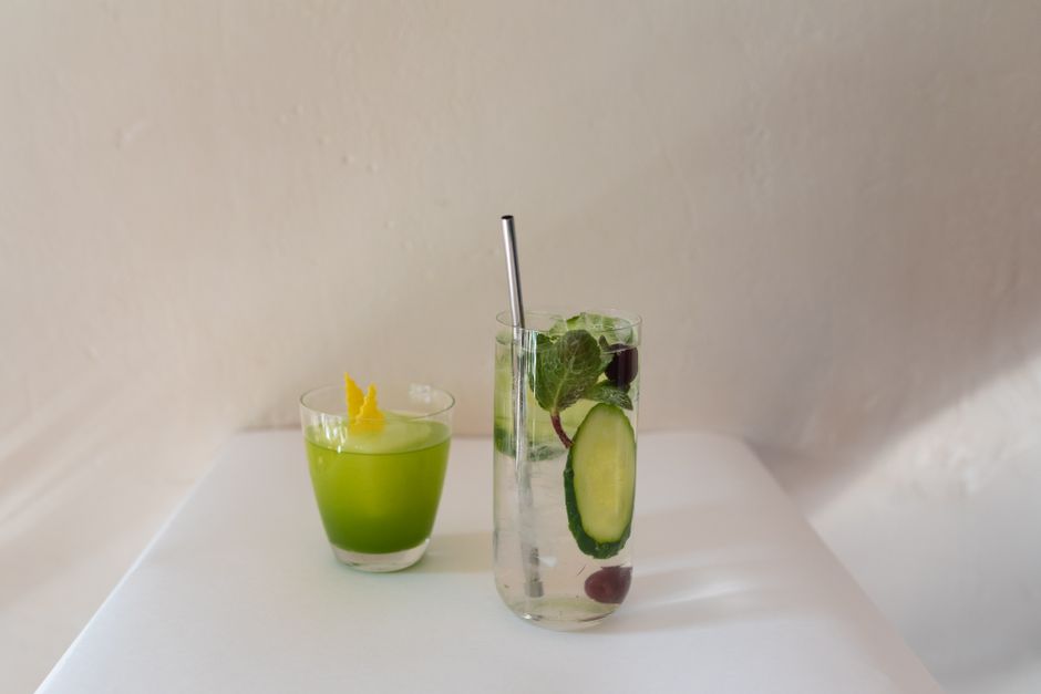 Cucumber Mint Water with basil leaves — food · Drinks