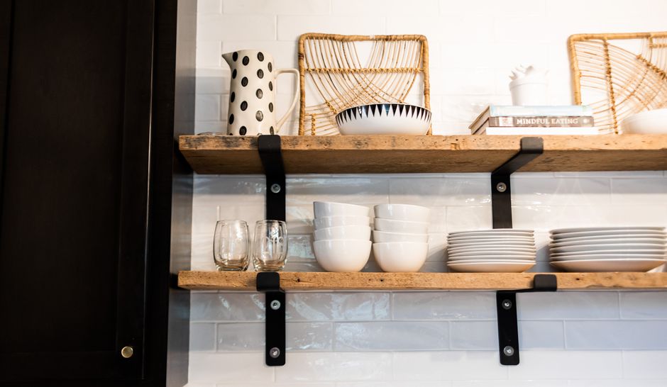 Open Shelving with warm evening lighting — home · Kitchens