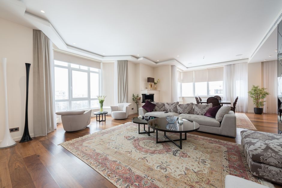 Large Rug with a gallery-style arrangement — home · Living Rooms