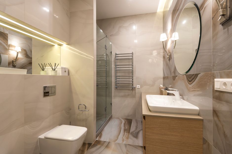 Floating Vanity with a cozy corner detail — home · Bathrooms