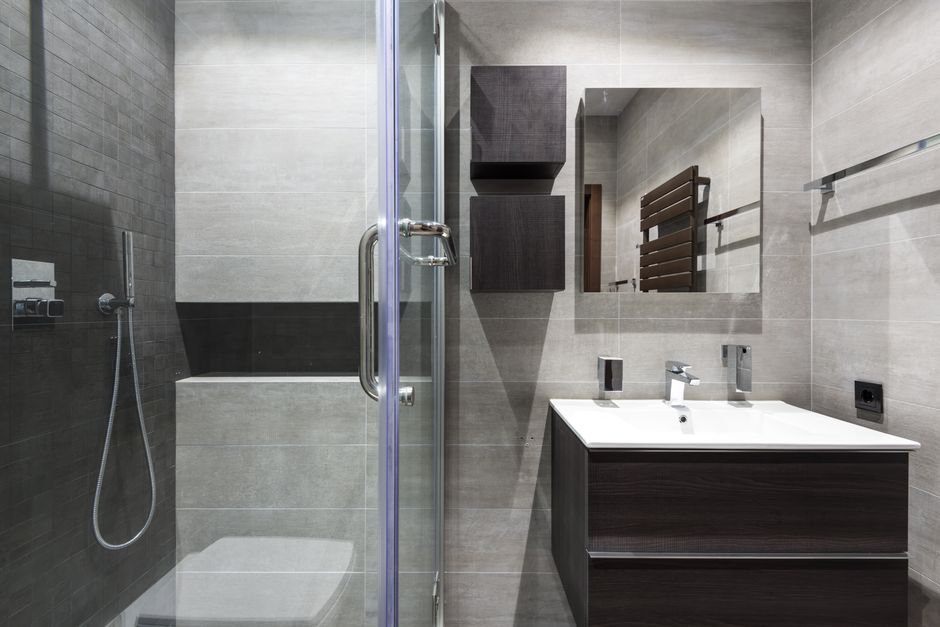 Floating Vanity with warm evening lighting — home · Bathrooms