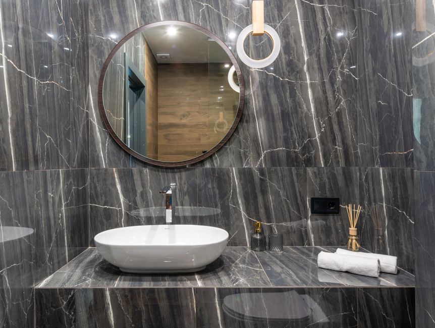 Floating Vanity with one sculptural accent — home · Bathrooms