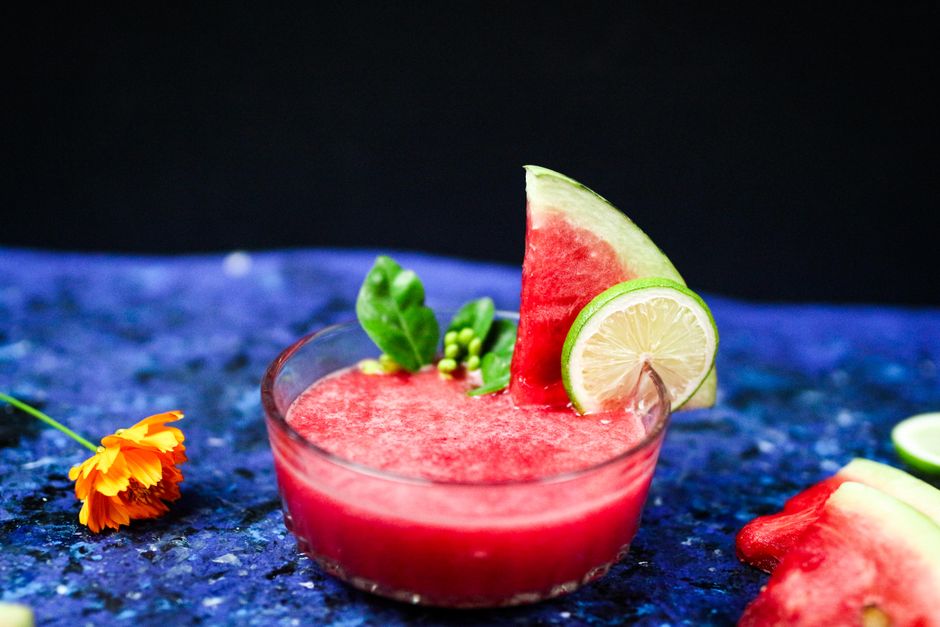 Watermelon Lime Refresher with berry ice cubes — food · Drinks