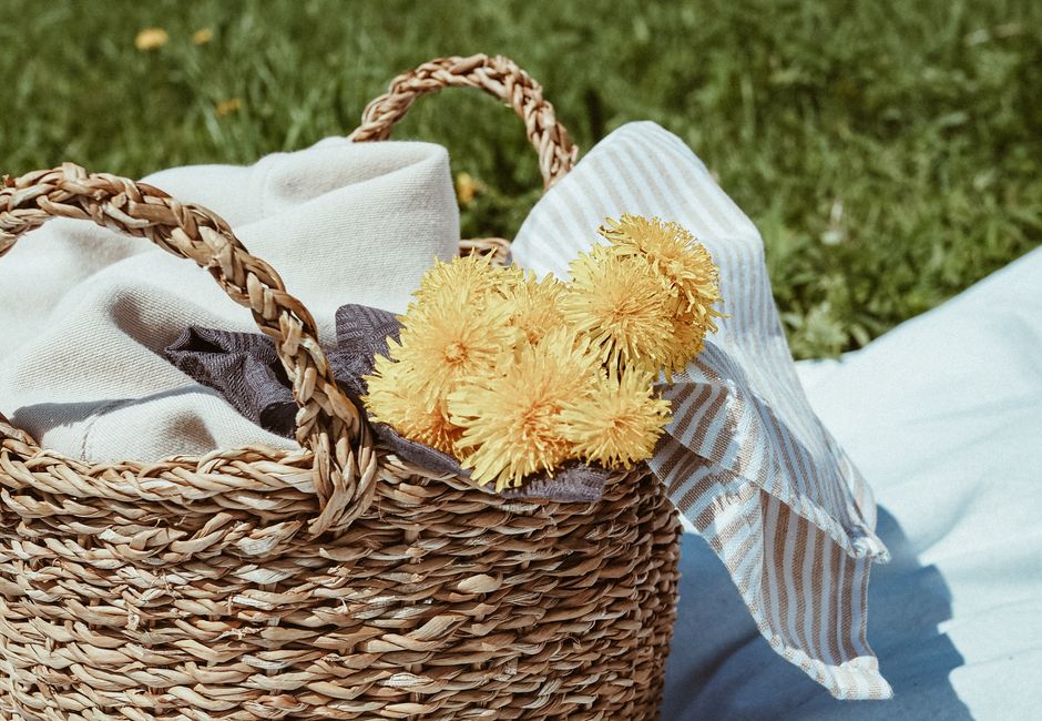 Woven Basket with linen and natural wood — home · Home Decor